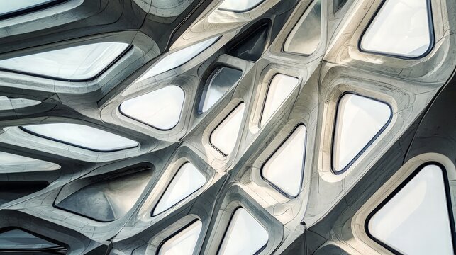 Abstract architectural pattern of triangular windows and concrete.