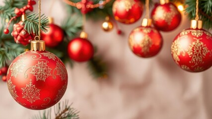 Festive red and gold Christmas balls ornament banner with copy space, design