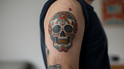 skull tattoo with american Traditional style, bold colors with dark shading on men's arm