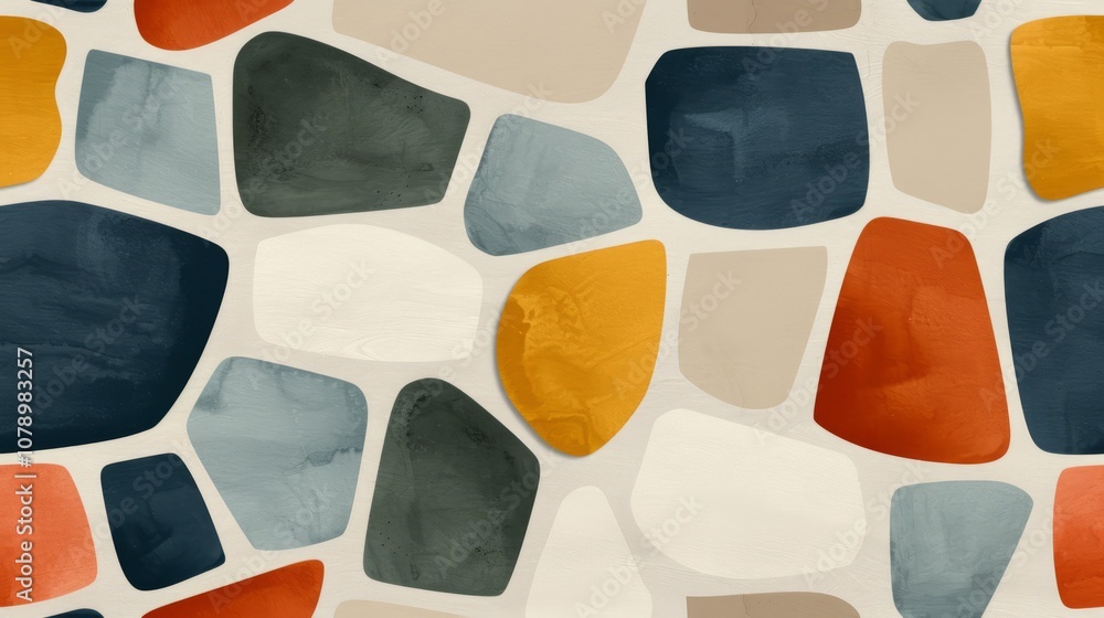 Poster abstract seamless pattern of various organic shapes in a muted color palette on a beige background.
