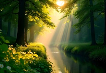 Obraz premium A lush summer scene depicting a dense forest full of green foliage, dappled sunlight filtering through the leaves, and a calm river running through the landscape.