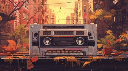 Couverture d'album ou CD, style de musique hip-hop, rap, r&B. Illustration avec coucher de soleil, ville, style urbain. Pour conception et création graphique 