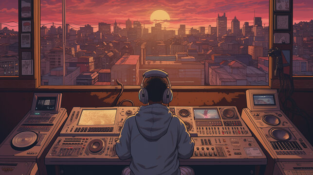 Couverture d'album ou CD, style de musique hip-hop, rap, r&B. Illustration avec coucher de soleil, ville, style urbain. Pour conception et cr&eacute;ation graphique 