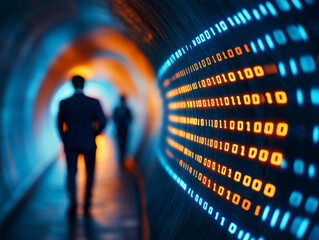 Business professionals walking through a futuristic digital tunnel with vibrant binary code, representing data flow, technology, and innovation in a modern workspace environment.