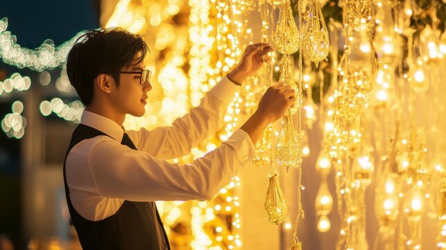 Asian event planner elegantly decorates hall with stunning lights for memorable events