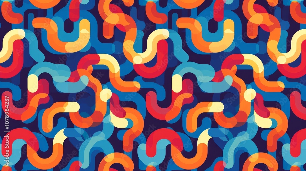 Poster abstract seamless pattern with colorful rounded lines in blue, red, and yellow on a dark background.