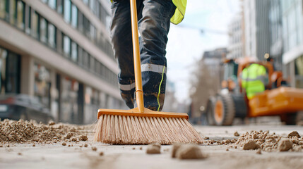 construction worker sweeping dust on city street with broom