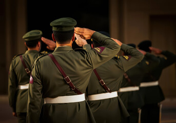 Qatari soldiers giving salute during ceremony military, glory and honor, dignified military uniform