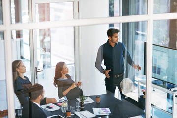 Business man, screen and presentation for report, kpi analysis and review with feedback in office....