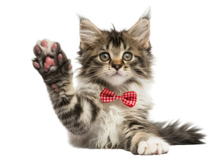 Obraz premium Adorable tabby cat with red bow tie raising paw on transparent background.