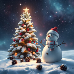 Snow man and Christmas tree. Christmas scene