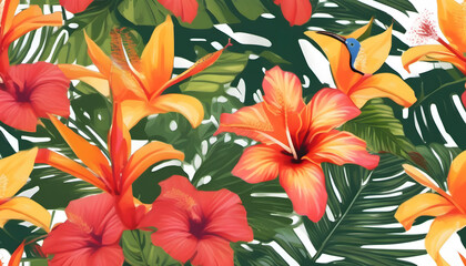 A vibrant tropical pattern featuring large hibiscus, plumeria, and bird of paradise flowers, intertwined with lush green palm leaves, evoking an exotic island feel.