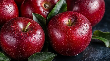 Fresh, vibrant red apples glisten with droplets of water, nestled among green leaves, showcasing their rich color and healthy appeal.
