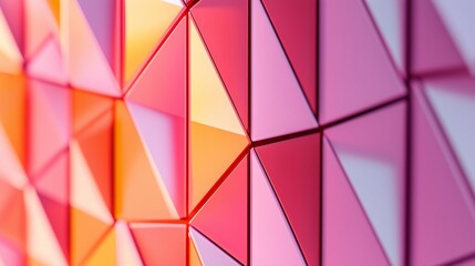 Obraz premium A close-up of a repeating triangular grid in a gradient of pink, orange, and red tones, with each triangle slightly raised, casting soft shadows to add depth.