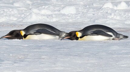 Two Penguins Resting on Snowy Surface