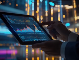 Businessman holding tablet and showing holographic graphs and stock market statistics gain profits. Concept of growth planning and business strategy. Display of good economy form digital screen.