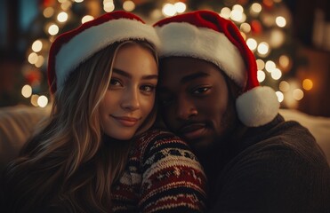 Young Couple Hugging Near Christmas Tree in Cozy Home