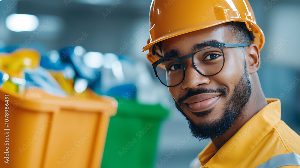 Poster worker efficiently checks recycling bin contents for sustainable practices