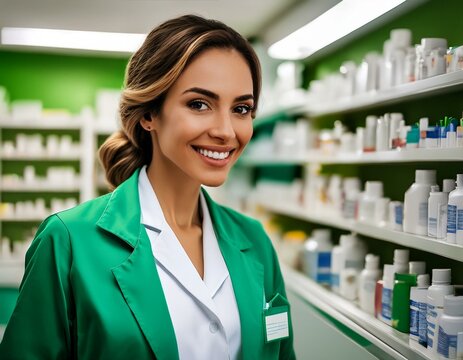 vendeuse en pharmacie ou parapharmacie en blouse blanche et verte en ia