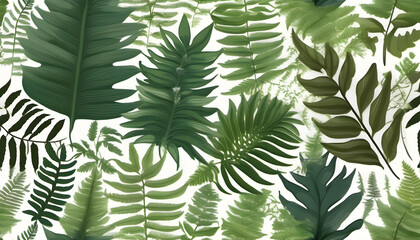 A seamless botanical pattern featuring a variety of lush green plants and ferns, creating a rich, natural background perfect for eco-friendly and nature-inspired designs.