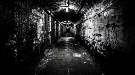 Dark, eerie underground tunnel with dim lighting and textured walls in black and white.