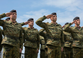 Swiss soldiers giving salute during ceremony military, glory and honor, dignified military uniform