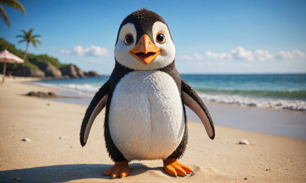 A penguin smiles at the camera while standing on a sandy beach with blue water and a clear sky