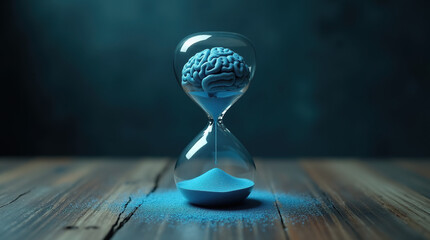 A surreal image of an hourglass with a thin layer of blue sand flowing down its surface, on a textured wooden surface. A blue brain hovers inside the upper chamber of the hourglass.