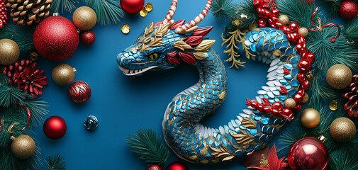 Fototapeta premium A vibrant dragon wrapped in holiday decorations on a festive blue background