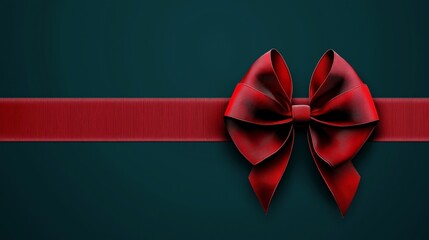 Vibrant red satin ribbon bow on deep emerald green background festive spirit