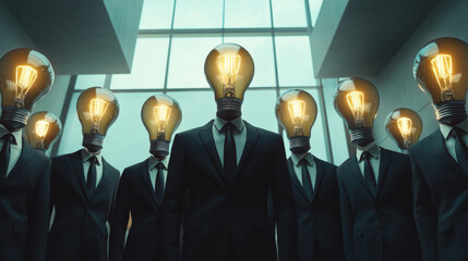 Group of people with light bulbs for heads in sleek suits, exuding creativity. Conceptual design.