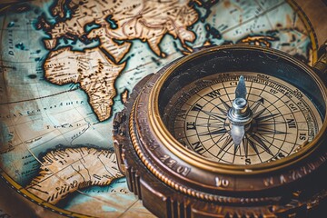 Fototapeta premium A vintage compass on an ancient map embracing adventure and timeless exploration