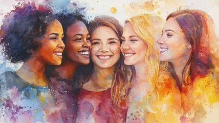 Diverse Women Smiling in Watercolor Style
