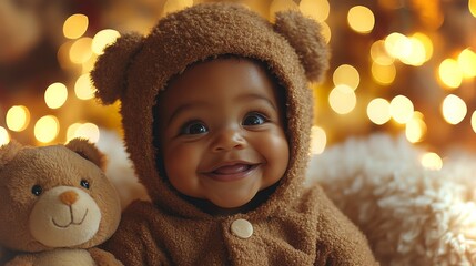 Happy African-American baby dressed in a bear outfit celebrating Christmas surrounded by lights