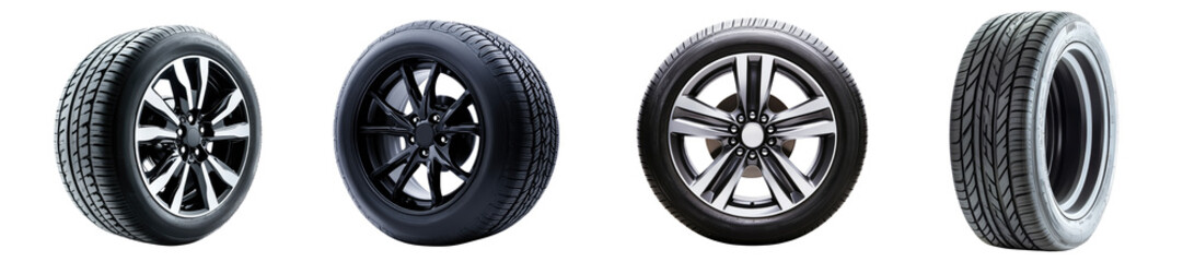 Obraz premium Black automobile tires collection isolated on transparent background, PNG. Clipart template 