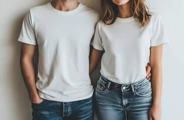 Couple wearing white t-shirts and jeans standing close together, embracing, mockup.