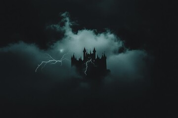 Mystical castle shrouded in dark clouds with dramatic lightning in the night sky.