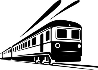 Stylized black and white vector illustration of a train on tracks, ideal for transportation graphics and posters.