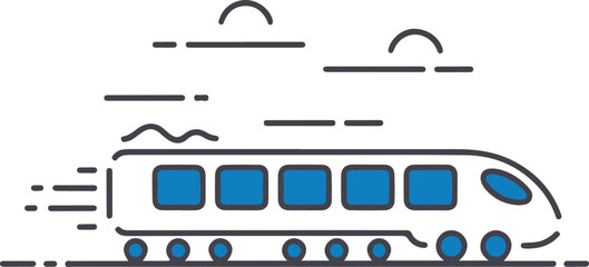 Vector Train Design: A stylized, blue and white illustration of a speeding train against a simple background, ideal for transportation graphics.