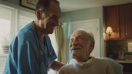 Fototapeta premium A home health care worker assists an elderly man in his home