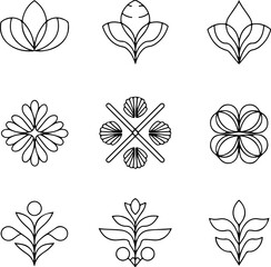 Obraz premium Minimalist vector floral patterns featuring line art designs in black on a light background, suitable for decoration or branding.