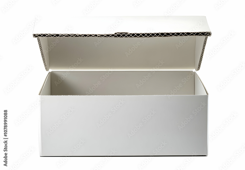 Poster empty cardboard box with the top open, isolated on white background.