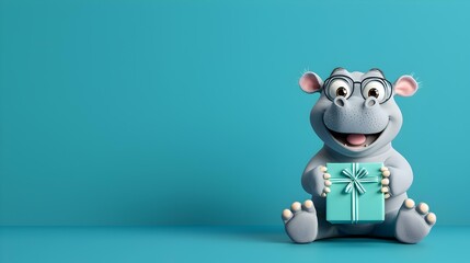 Fototapeta premium Joyful baby hippo unwrapping a colorful present against a vibrant blue backdrop, embodying pure delight and curiosity.