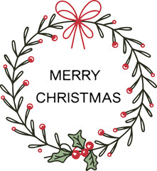 Fototapeta premium Vector Christmas Wreath with Red Bow and Holly Berries for Holiday Greetings