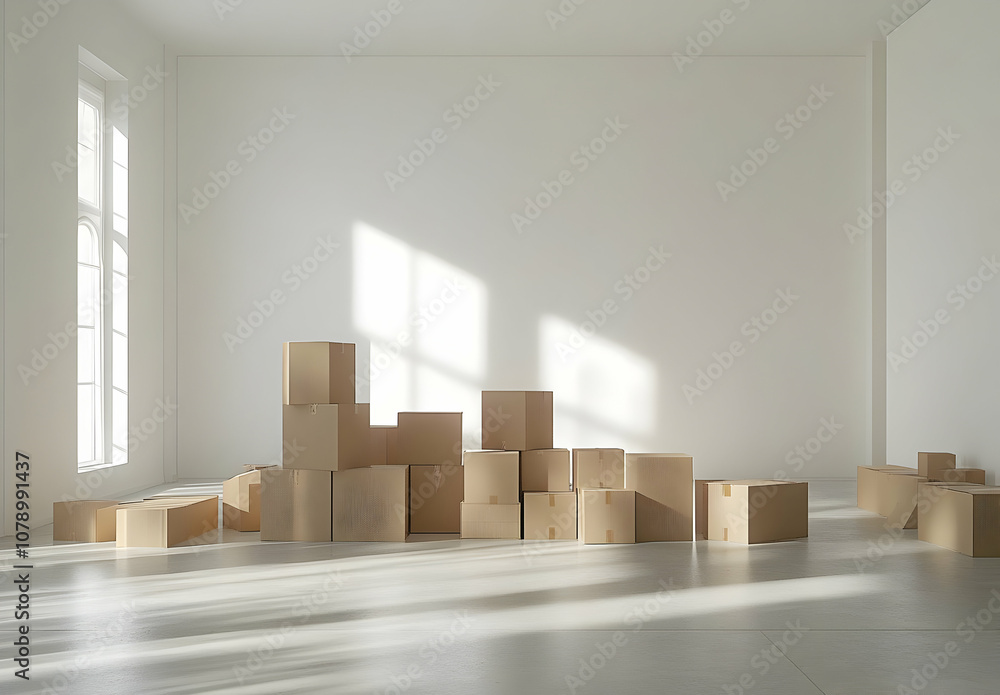 Poster empty room with stacked cardboard boxes, sunlight streaming through a window.