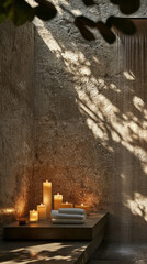Serene spa like bathroom with natural stone walls, candles, and rain shower