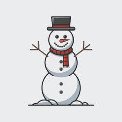 Vector illustration of a cheerful snowman wearing a top hat and scarf, ideal for winter themes and holiday designs.
