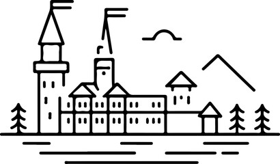 Obraz premium Minimalist Vector Castle Landscape: A black and white illustration featuring a castle, mountains, and trees, suitable for travel graphics.
