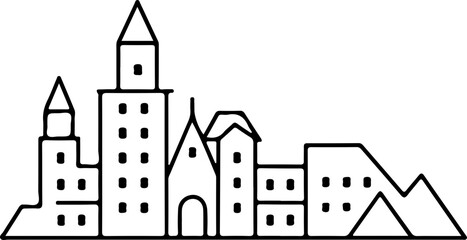 Fototapeta premium Vector illustration of a medieval castle silhouette with pointed towers, suitable for design, backgrounds, and architectural themes.