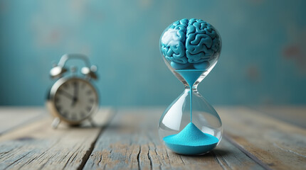 A surreal image of an hourglass with a thin layer of blue sand flowing down its surface, on a textured wooden surface. A blue brain hovers inside the upper chamber of the hourglass.